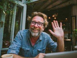 Smiling bearded man waving during video call in cozy rustic cafe with laptop and coffee, friendly relaxed expression and casual plaid shirt