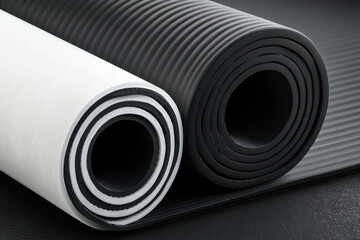 Rolled yoga mat with textured surface in contrasting black and white tones, modern minimal fitness gear conveying calm and focus