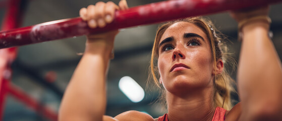 Young athletic woman performing pull up in gym, focused expression and determined posture showing strength and concentration