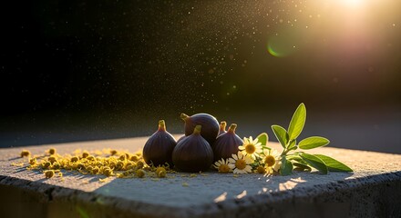 Stunning figs and daisies basking in golden sunlight create a peaceful, organic scene perfect for healthy eating or natural beauty concepts
