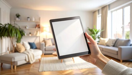 Female Hand Holding Tablet in Cozy Home Interior Setting