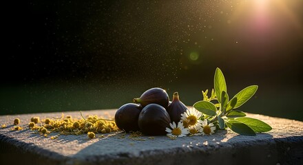 Sun-Kissed Figs and Chamomile on Stone Slab Evoking a Fresh, Natural, and Healthy Lifestyle for Product Photography or Culinary Projects
