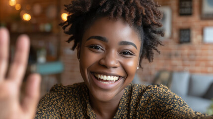 Smiling young woman with natural curly hair waving at camera in cozy cafe, warm joyful expression and casual floral blouse conveying friendly connection and comfort