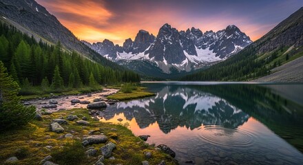 Turquoise lake mirrors jagged peaks surrounded by lush forest dramatic mountain reflection against vibrant sunset serene nature scene in picturesque valley