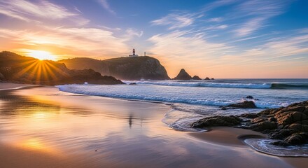 Lighthouse and Beach at Sunset With Waves Crashing on Shoreline Golden Light Reflections Landscape Scenery Nature Outdoors Seascape Water and Sand