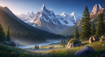 Majestic Mountain Valley with Wildflowers and Stream Green Forest and Snow Capped Peaks Beautiful Natural Landscape with Dramatic Sky and Boulders Peaceful Scenery