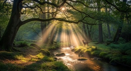 Sunbeams streaming through trees illuminating stream with deer nature's beauty in forest tranquility light filtering through branches creating serene woodland scene