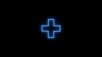 Neon plus symbol animation. glowing line positive icon and medical cross sign. Business counting add motion. positive technology sign.
