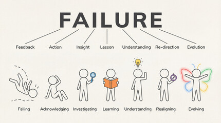 Obraz premium Failure Process Infographic Growth, Learning, and Evolution Illustrated with Stick Figures