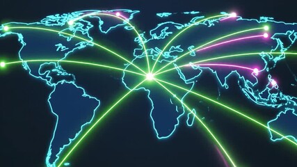 Global network connection with neon lines glowing world map spreading across continents symbolizing global communication technology data transfer digital network bright paths worldwide connectivity - Powered by Adobe
