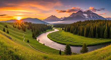 Idyllic Mountain Landscape with River Winding Through Green Hills and Forest at Sunset Nature Scenery of Mountain Peaks and Valley with Sunlight Beautiful Outdoor Destination