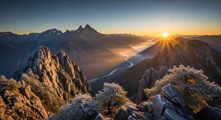 Picturesque Mountain Range Landscape with River Valley at Sunrise Golden Hour Scenery of Jagged Peaks and Misty Valleys Breathtaking Alpine Vista with Majestic Summits Serene Natural Environment