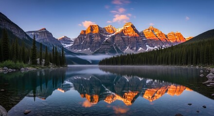 Serene Mountain Lake Landscape at Sunrise Reflective Water with Mountain Range Majestic Peaks with Sunlight Scenery Calm Lake with Forest and Mountains Breathtaking Landscape
