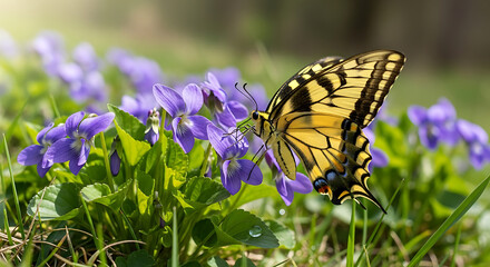 Yellow butterfly perched on purple flowers in a sunlit meadow during a calm morning