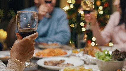 Group of Asia colleague gathering New year holidays party together. Close-up Happy friends group...