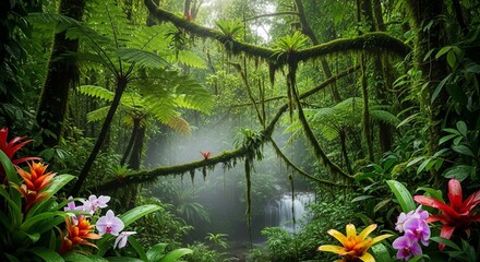 Lush Tropical Rainforest Canopy with Vibrant Flora and Cascading Waterfalls Showcasing Diverse Ecosystem and Untouched Natural Beauty in Exotic Setting