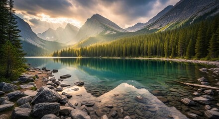 Calm mountain lake mirroring towering peaks and lush pine forest under sunlit sky creating beautiful reflection of nature's splendor and pristine natural landscape