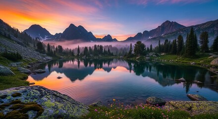 Lake Reflecting Mountains and Sky at Sunset Landscape with Haze and Grass Field and Beautiful Reflections and Stones in the Foreground and Silhouette Mountains