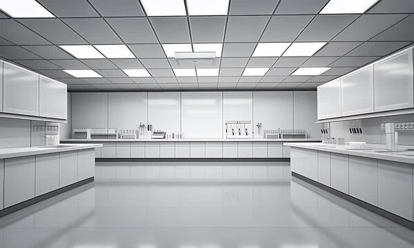 Sterile Laboratory Environment With Bright Overhead Lighting and Rows Of White Workstations And Scientific Equipment Ready For Research And Development