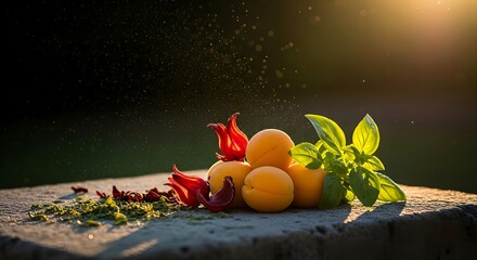 Golden hour illuminates fresh apricots, vibrant basil, and crimson hibiscus blossoms for a delicious and healthy summer recipe inspiration
