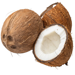 Fresh tropical whole and split coconuts revealing milky white flesh, ready for culinary uses and refreshing drinks, isolated.