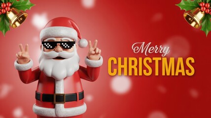 Cool 3d santa claus character wearing sunglasses making peace sign with merry christmas text