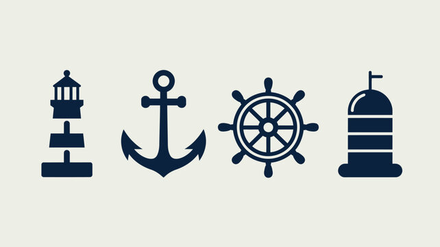 A nautical themed image featuring a lighthouse anchor ship wheel and buoy on a light background surface