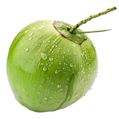 Close-up of a vibrant, fresh young green coconut with sparkling water droplets, perfectly chilled and ready for a refreshing tropical drink, healthy beverage.