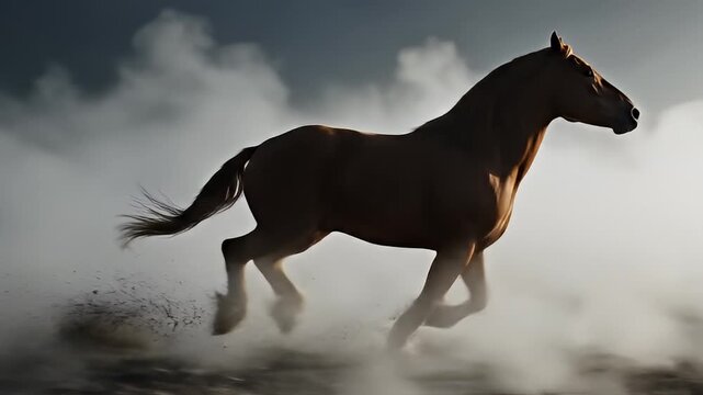 A majestic horse running through a misty landscape with a dynamic pose and flowing mane, creating a sense of freedom and power in the scene