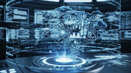 Hologram city map projection featuring futuristic digital interface with glowing blue light technology in advanced control room for smart urban planning and data visualization - Powered by Adobe