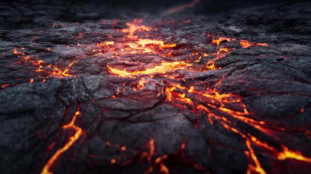Closeup lava flows slowly across dark rock surfaces showing glowing fissures volcanic heat natural patterns and geological intensity creating a compelling scene suitable for commercial projects and mo