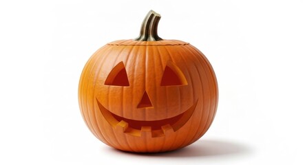 Carved pumpkin with triangular eyes and smiling mouth on a white background