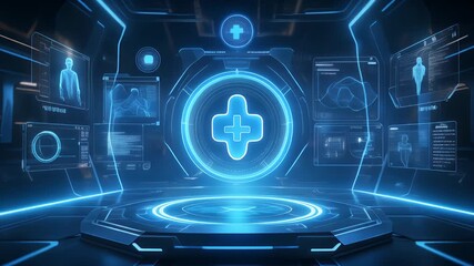 Advanced holographic interface displaying futuristic medical diagnostics and patient health data on a glowing blue platform - Powered by Adobe