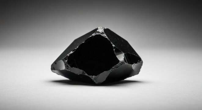 Dark, angular obsidian-like rock fragment. Monochromatic lighting