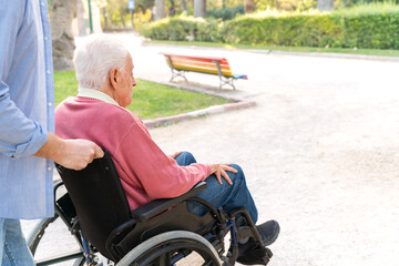 Anonymous caregiver assisting an elderly man in a wheelchair while enjoying a walk in the park