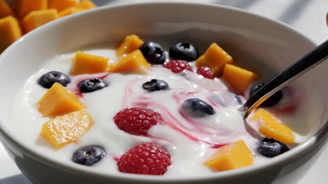 Spoonful of creamy yogurt with fresh blueberries raspberries and mango chunks creating a healthy and delicious breakfast or snack option for a vibrant lifestyle
