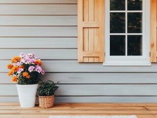 Naklejka premium Wooden facade with small shuttered window, wool rug, and cottage garden items