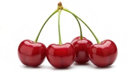 Four shiny red cherries, each with a long green stem, on a white background