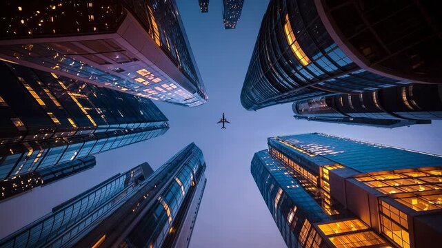 A jet plane streaks overhead framed by towering buildings emphasizing urban scale modern travel power speed and global connectivity creating a compelling scene suitable for commercial projects and mod