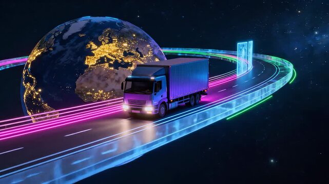 Futuristic semi-truck transporting cargo on glowing orbital highway. Digital data streams for global supply chain management around Earth. Camera stable then tilting and panning.