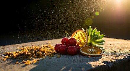 Golden hour shines on cherries, succulent, and citrus slices creating a vibrant, healthy, and fresh food still life perfect for wellness campaigns