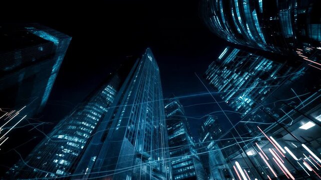A futuristic financial cityscape shines with blue neon lights representing technology innovation digital economy urban progress and data networks creating a compelling scene suitable for commercial pr