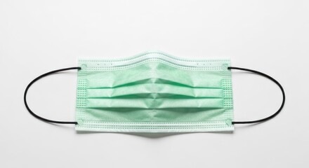 Light green disposable face mask with black ear loops on plain white backdrop