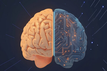 Conceptual illustration of human brain and artificial intelligence. the intersection of human intellect and technological innovation, highlighting the future of AI.