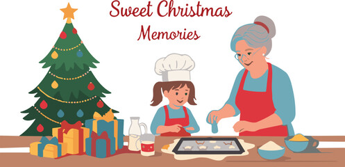 Happy grandmother and granddaughter baking Christmas cookies together at table near decorated tree with gifts vector illustration banner.