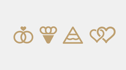 A collection of four simple golden icons featuring rings, a crown, pyramid, and intertwined hearts