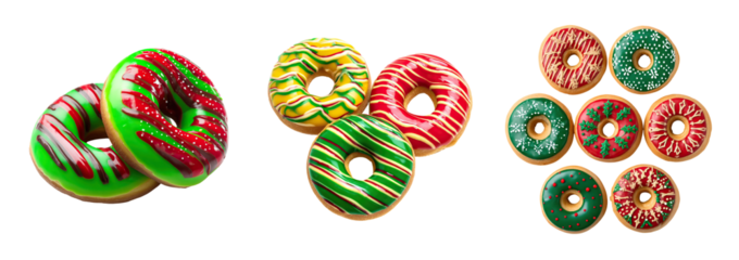Bright festive glazed donut with red and green icing and sprinkles, colorful holiday pastry arrangement evoking joyful celebration