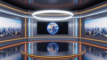 Futuristic news studio with earth globe and city skyline screens.