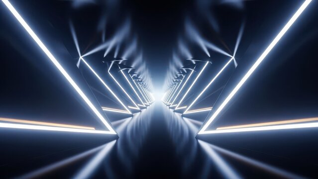 Futuristic geometric tunnel with glowing light lines modern