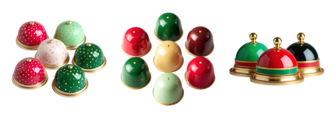 Festive assorted chocolate bonbons glossy colorful domes with gold bases arranged clusters, elegant confectionery display with joyful holiday feel